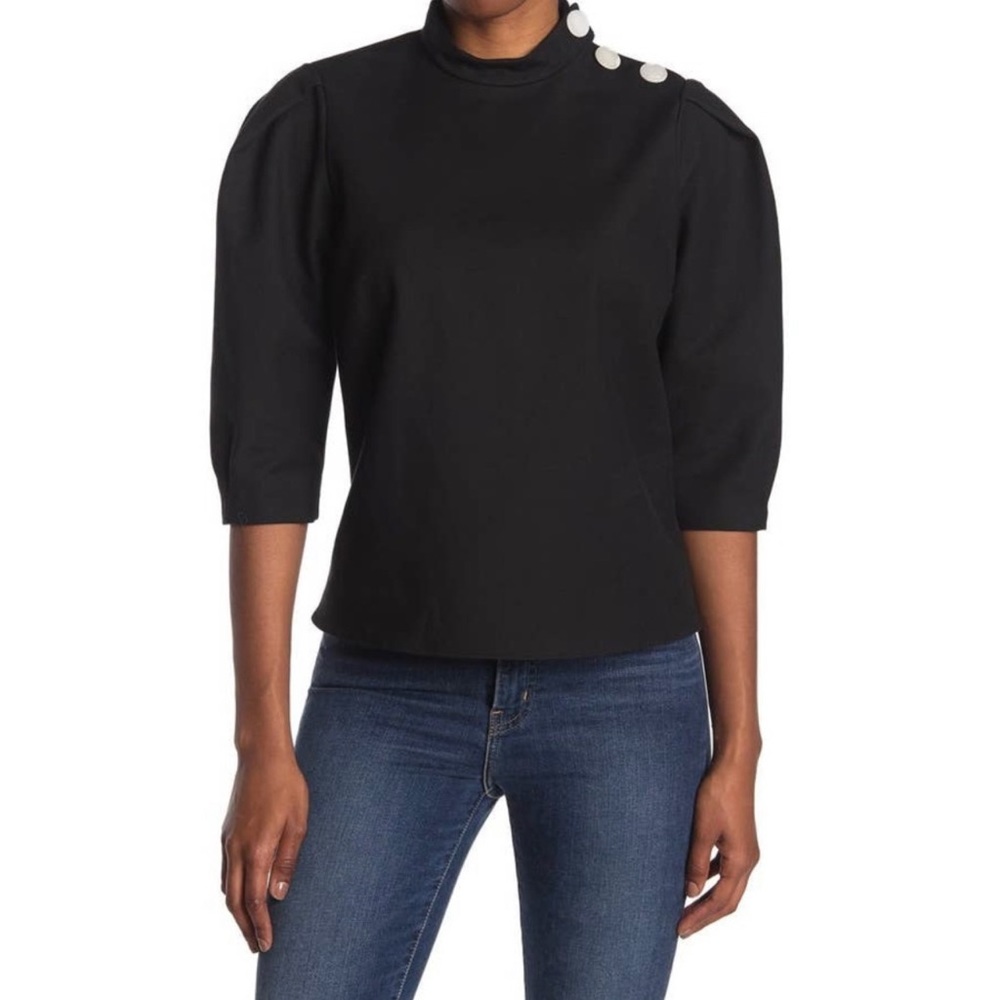 Ba&sh black lady sleeve top with white buttons and mock neck